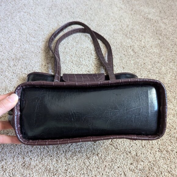 VTG Avon Natori Tote Womens Black Brown Croc Grommets Cotton Lined Vegan Leather - Picture 6 of 10